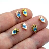 3 Pcs Mini Owl Bead Pendants With Evil Eye - 6 mm Mini Evil Eye Beads Golden Color Plated Brass Cut