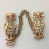 Owl Brooch, Double Brooch, Owl Jewelry Rhinestone Brooch, Rhinestone Jewelry Gold Brooch, Bird Brooc