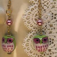 Porcelain Owl Earrings: Pink Pearl, Gold Plated Wire