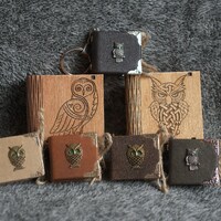 Celtic Owl themed handmade suede keychain notebook in wooden box