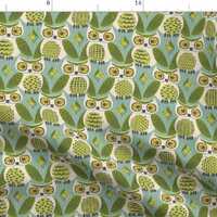 Kitschdc Green Owls Fabric - Kitschy Owls (Avocado) Birds By Fleabat - Kitschdc Green Birds Cotton F