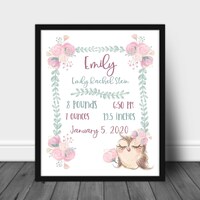 Owl woods animal print, Birth poster, Baby name print, Baby name sign, Christening/baptism gift, Bab