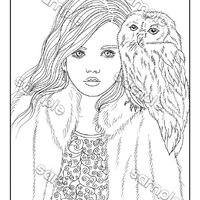 Winter girl & owl portrait fantasy coloring page by Maria J. William, instant PDF download