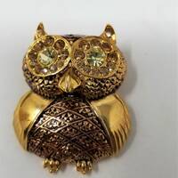 Vintage Owl Pin with Clear and Topaz Rhinestone eyes