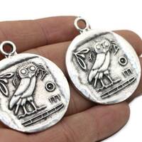Owl of Athena Coin Pendant, Matte Silver Athenian Owl, Athena charm, Roman Pendants, Medallion Penda