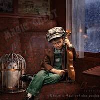 Magic train compartment digital background , with owl on cage and old books on the seat , vintage de