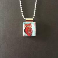 owl pendant on recycled scrabble tile pendant with long chain, handmade jewelry