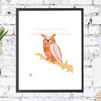 Owl - Art Print, Beautiful Orange Bird, Illustration, Modern, Exotic, Contemporary, Animal Print, Gi
