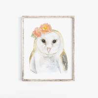 Barn Owl Floral Watercolor Painting Large Poster Print UNFRAMED