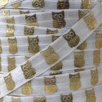 5/8" White and Gold Metallic Owl Print Fold Over Elastic - Elastic for Baby Headbands and Hair 