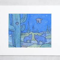 Desert Owl Art Print Coyotes Elf Owls Cactus Illustration
