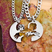 Wolf and Owl Couples or Friendship Necklaces, Best Friends and BFF Gifts, Hand Cut and Engraved Coin