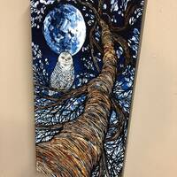 Blue Moon Snow Owl Tree, 10x20” Original acrylic painting by Tracy Levesque