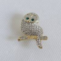 Vintage Rhinestone Owl Brooch Pin with Green Rhinestone Eyes on Gold Tone Setting is Perfect for tha