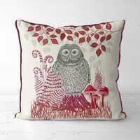 Whimsical barn owl pillow cover with woodland accents, charming cottage style cushion cover