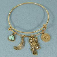 Stone Feather Owl Heart Wired Cuff Bracelet