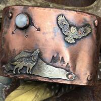 Wolf and the owl cuff by Weathered Soul, artisan leather wide statement cuff, outdoor enthusiast, un
