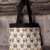 Linen tote bag, Owls design, Gift for women