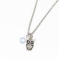 Silver Owl Birthstone Necklace, Owl Charm Necklace, Animal Jewelry, Bird Necklace, Owl Gifts, Friend