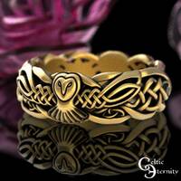 Emerald Owl Gold Wedding Band, 10K Celtic Owl Ring, 14K Owl Wedding Band, Owl Jewelry, White Gold Ir