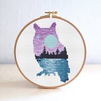 Owl Cross Stitch Pattern, Easy Animal Silhouette Embroidery Pattern , Moon Stars Night Cross Stitch 