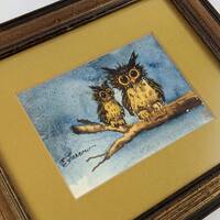 Whimsical Owls Watercolor Signed Original E Farrow ~ Framed Owl Painting Woodland Owls Art Forest Cr