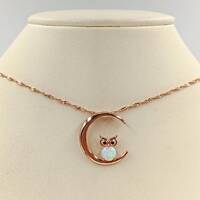 Rose Gold White Opal Owl in the Moon Necklace; Rose Gold and 925 Opal Moon & Owl Charm; Owl Jewe