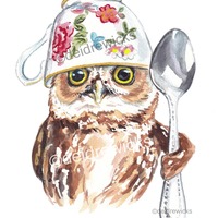 Tea Fight Owl Watercolour Painting Print