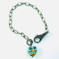 Lampwork Owl Bead Bracelet for Fall,Bronze Charm Bracelet, Glass Bead Jewelry, Halloween Owl Bracele