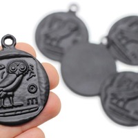 Owl of Athena Coin Pendant, Matte Black Athenian Owl, Athena charm, Roman Pendants, Medallion Pendan