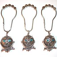 Owl Aroma Diffuser Shower Curtain Hooks, Set of 12, Antique Silver, Blue Cat's Eye, Lava Stones,