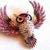 RHINESTONE OWL BROOCH! Enameled Wise Figural, Animal, Bird Pin, Pendant, Accessory! Radiant Shining 