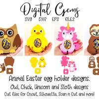 Owl, Chick, Unicorn and Sloth egg holder designs. svg / dxf / eps files. Digital download. Works wit
