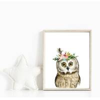 Floral Crown Owl Watercolor Print, Boho Nursery Decor (Digital Download)