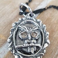 Artisan fine silver big eyed owl cameo strung from vintage style blackened chain