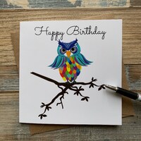 Owl Birthday Card - Colourful artistic Owl on a Branch design - Posts Worldwide
