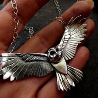 Silver owl necklace , large silver flying owl pendant with textured details