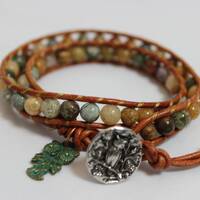 Autumn Agate Wrap Bracelet: Boho Owl Charm, Leather Cord