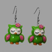 3D Green Owl Dangle Earrings, Surgical Steel Hooks