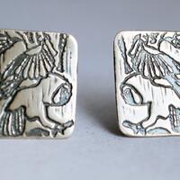 Flat silver owl earrings or round capsule owl studs