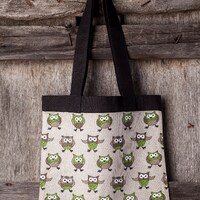 Linen tote bag, Owls design, Gift for woman, Animals pattern, Christmas gift, Gift for owls lovers