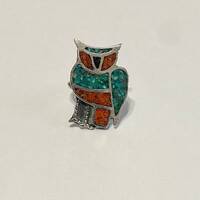 Owl Turquoise and Coral inlay Ring - Sterling Silver Native American Ring- 1960s Turquoise & Cor