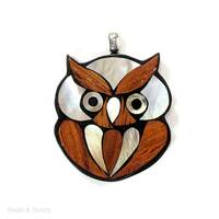 Owl Pendant, Handmade, Wood and Inlaid Shell, Mother of Pearl, Mosaic, Nickel-Free Bail, Animal Love