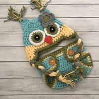 Baby owl hat and diaper cover, gender neutral hat, newborn photo prop, crochet owl hat, photo props