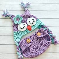 Crochet owl hat and diaper cover, newborn photo prop, blue and purple sleeping owl hat