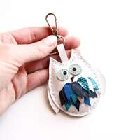 Personalized White Owl Key Fob, Leather Keychain, Cute mini Owl Bird, Animal Handmade Bag Charm, Wom