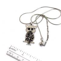 Vintage Unsigned Silver  color Owl Necklace  with Black  crystal  rhinestones #
