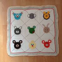 hand knitted, crochet blanket, animal blanket, owl, elephant, lion, cat, frog, rabbit, bear, chick, 