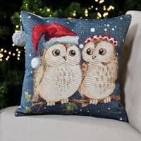 Blue Christmas cushion cover with two owls with Christmas hats. Holiday Home Decor, A great Christma