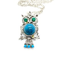 Vintage Turquoise and Silver Tone Owl Pendant Necklace - 24" in Length